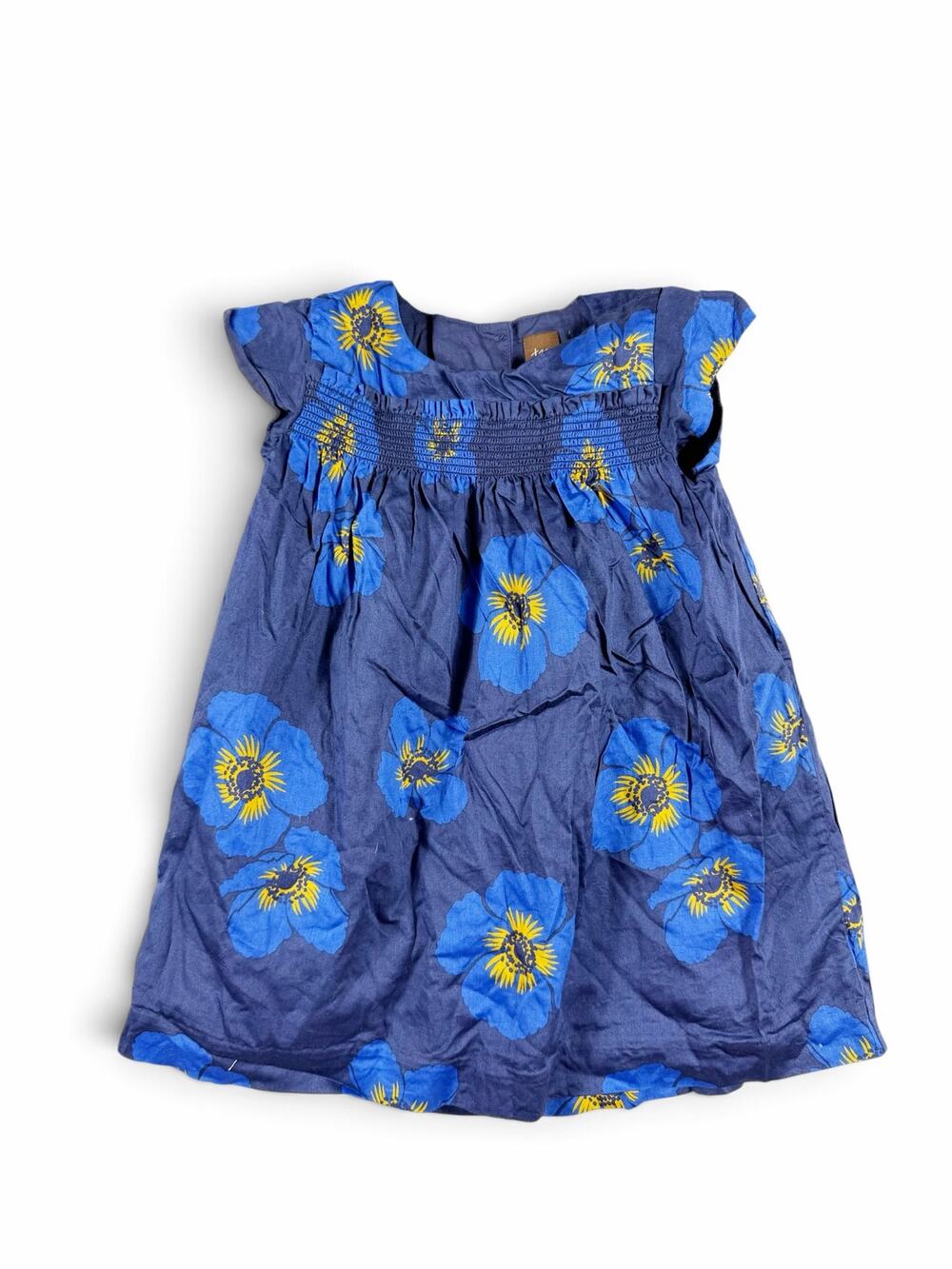 Tea Collection Himalayan Poppy Sateen Dress Blue Floral Smocked Size 3
